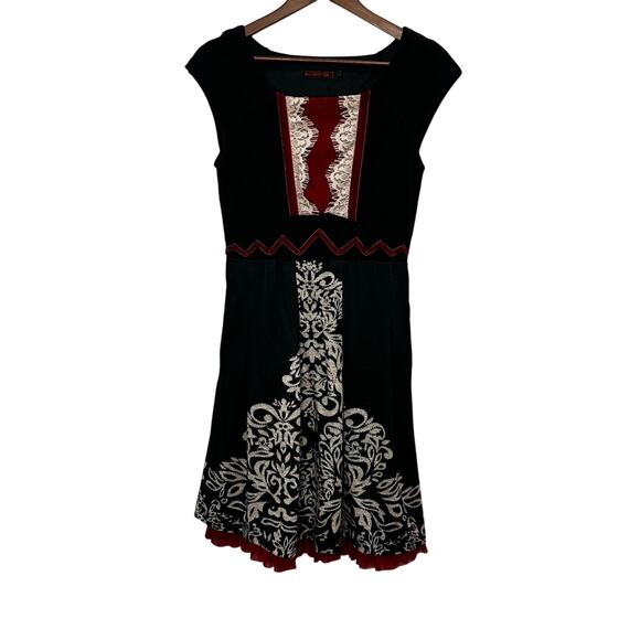 Vintage Lulu H Paris Fit & Flare Dress L Black Red Lace Detail Minor Flaw - Picture 4 of 13